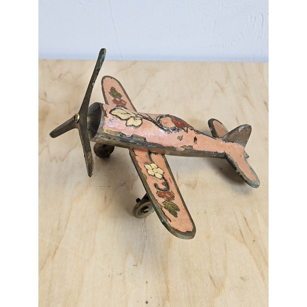 Vintage Brass Model Airplane Hand Painted Floral Folk Art Propeller Wheels